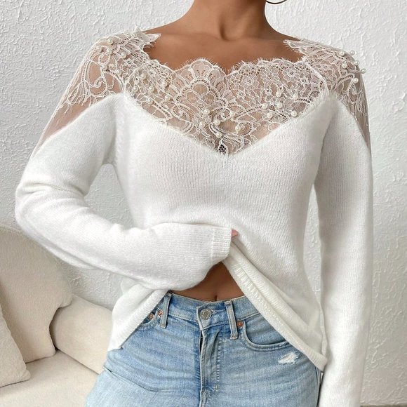 Chic Feminine Eyelash Lace Panel Raglan Sleeve Sweater - Picture 3 of 5